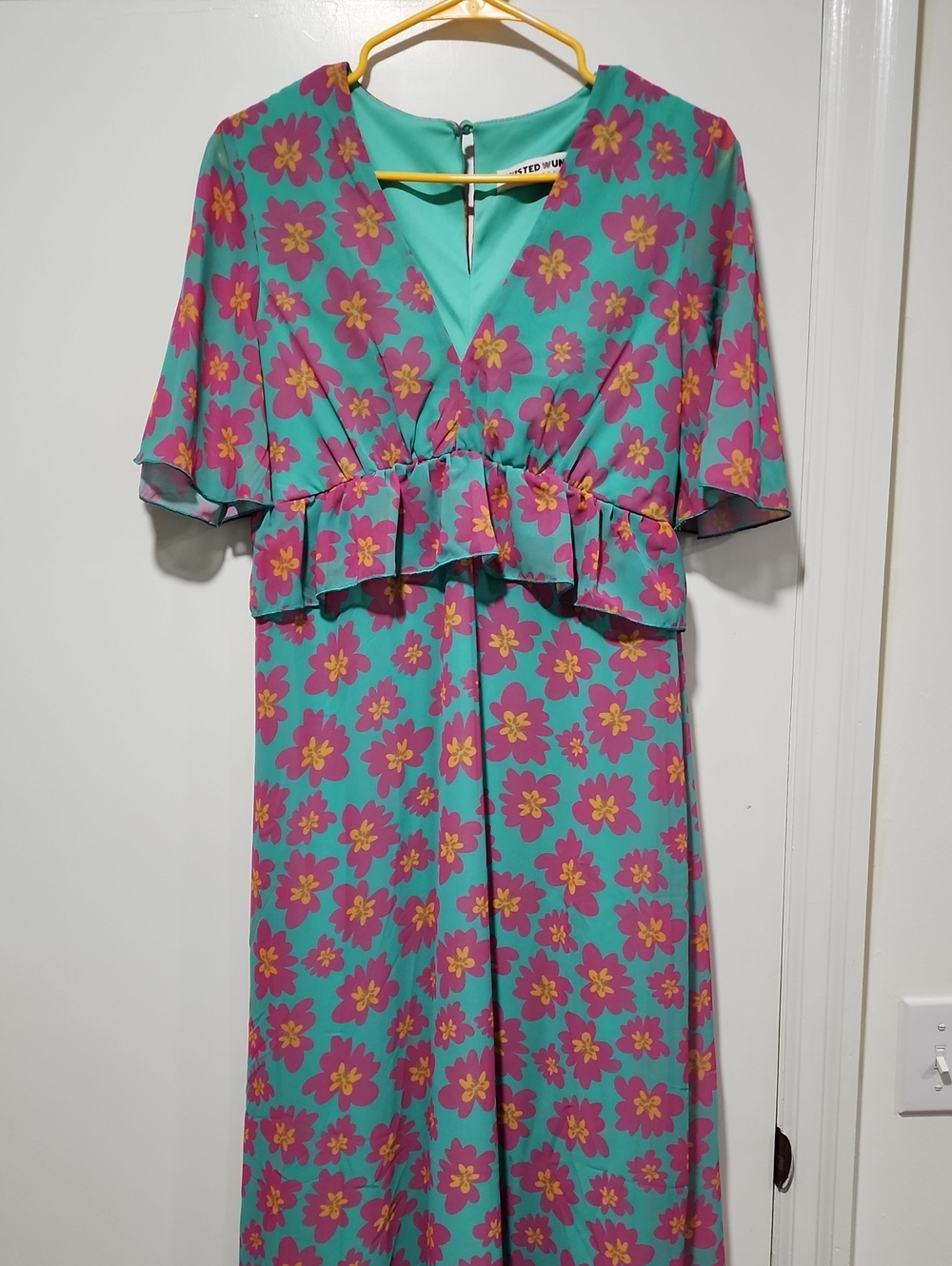 Floral V-Neck Turquoise Maxi Dress with Pink and Yellow Blooms